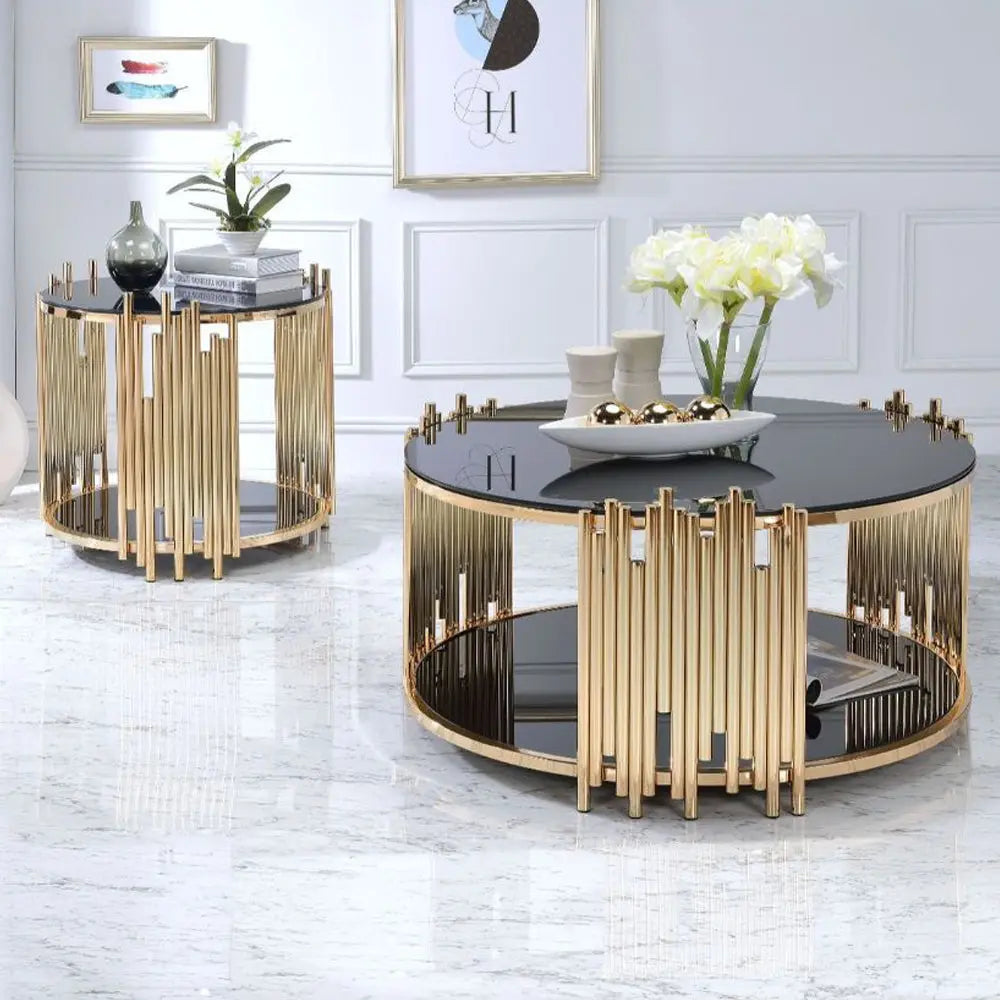 Tanquin Modern Round Glass Top Coffee Table in Black and Gold - Drum Base with Storage Acme Furniture