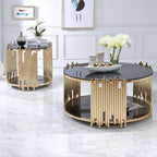 Tanquin Modern Round Glass Top Coffee Table in Black and Gold - Drum Base with Storage Acme Furniture