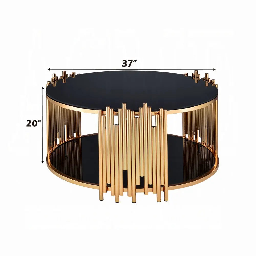 Tanquin Modern Round Glass Top Coffee Table in Black and Gold - Drum Base with Storage Acme Furniture