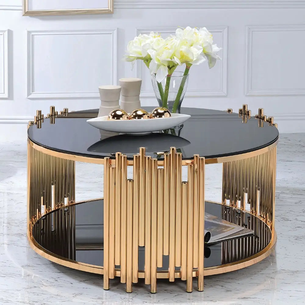 Tanquin Modern Round Glass Top Coffee Table in Black and Gold - Drum Base with Storage Acme Furniture