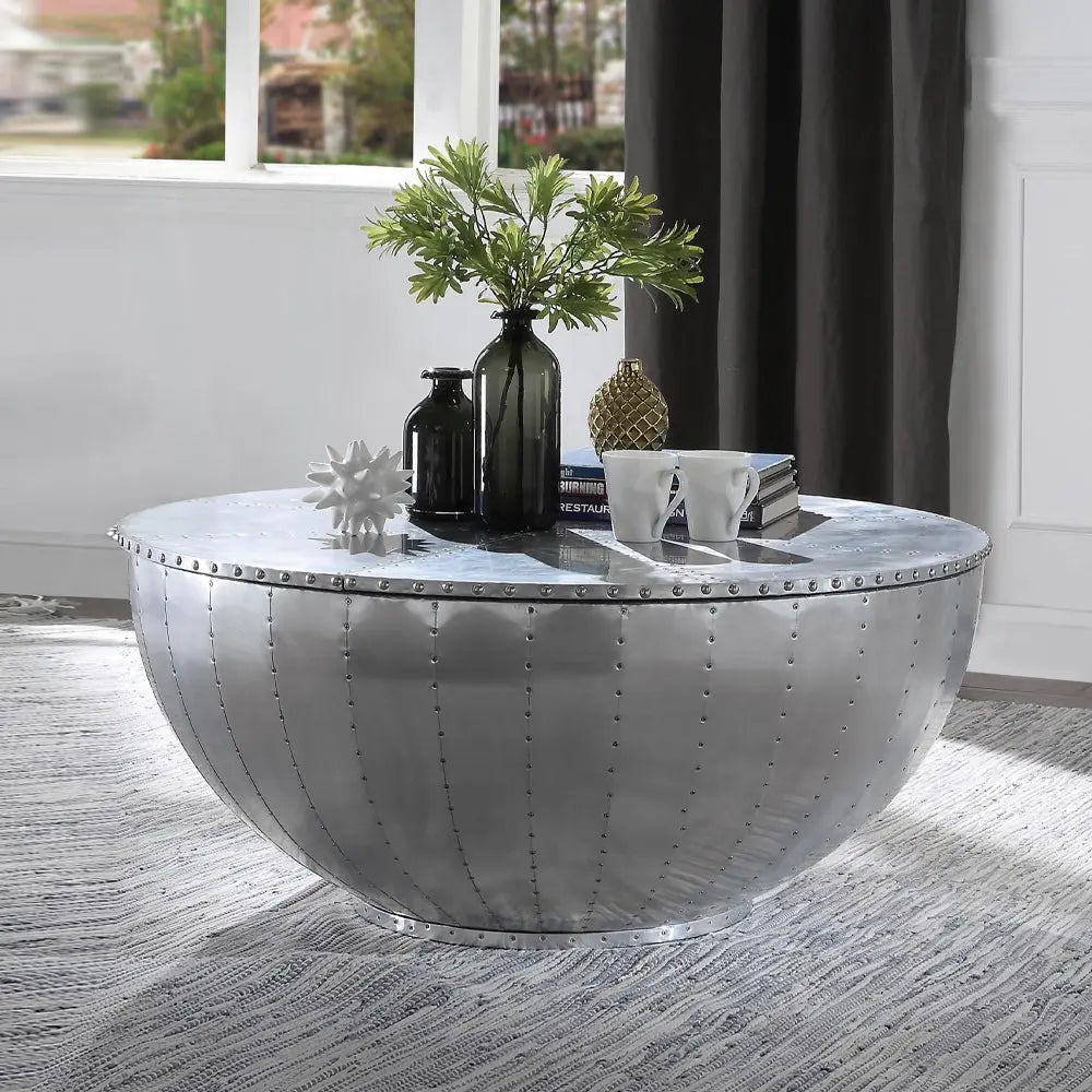 Brancaster Aluminum Patchwork Drum Coffee Table - Industrial Round Table with Hidden Storage Acme Furniture