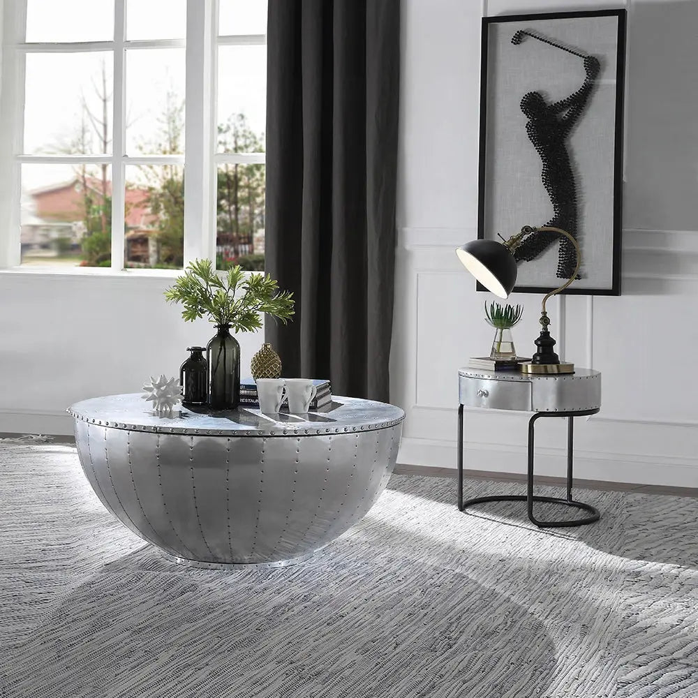Brancaster Aluminum Patchwork Drum Coffee Table - Industrial Round Table with Hidden Storage Acme Furniture