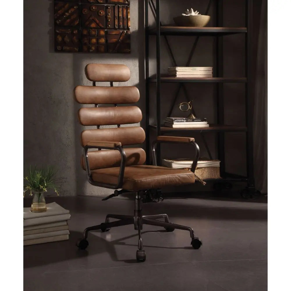Calan Executive Office Chair in Retro Brown Top Grain Leather, Button Tufted Backrest Acme Furniture