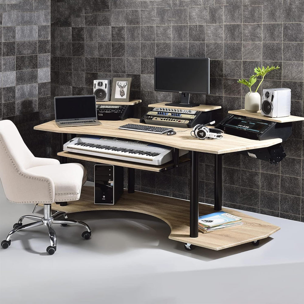 Eleazar Wooden 4-Shelf Music Recording Studio Desk in Natural Oak