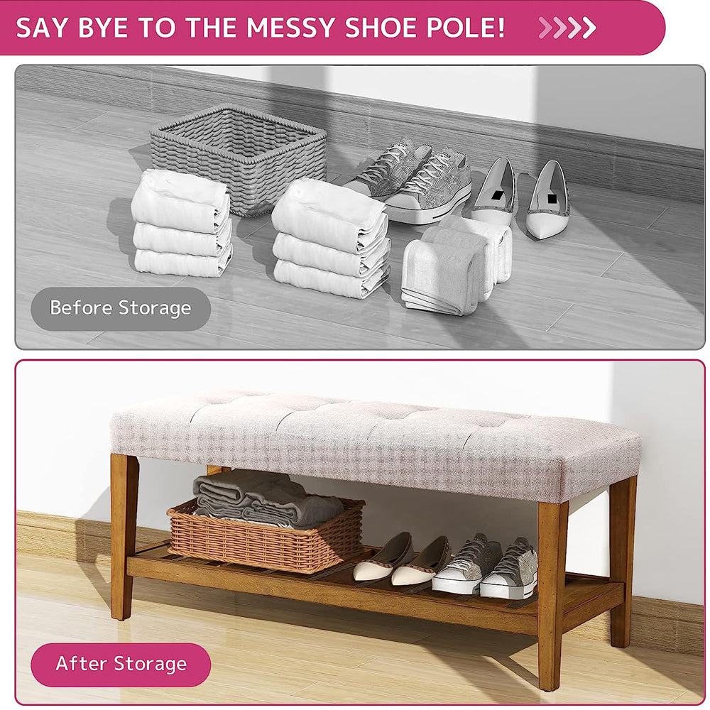 Entryway Shoe Bench Storage Upholstered Bench with Bottom Shelf for Hallway Living Room Bedroom