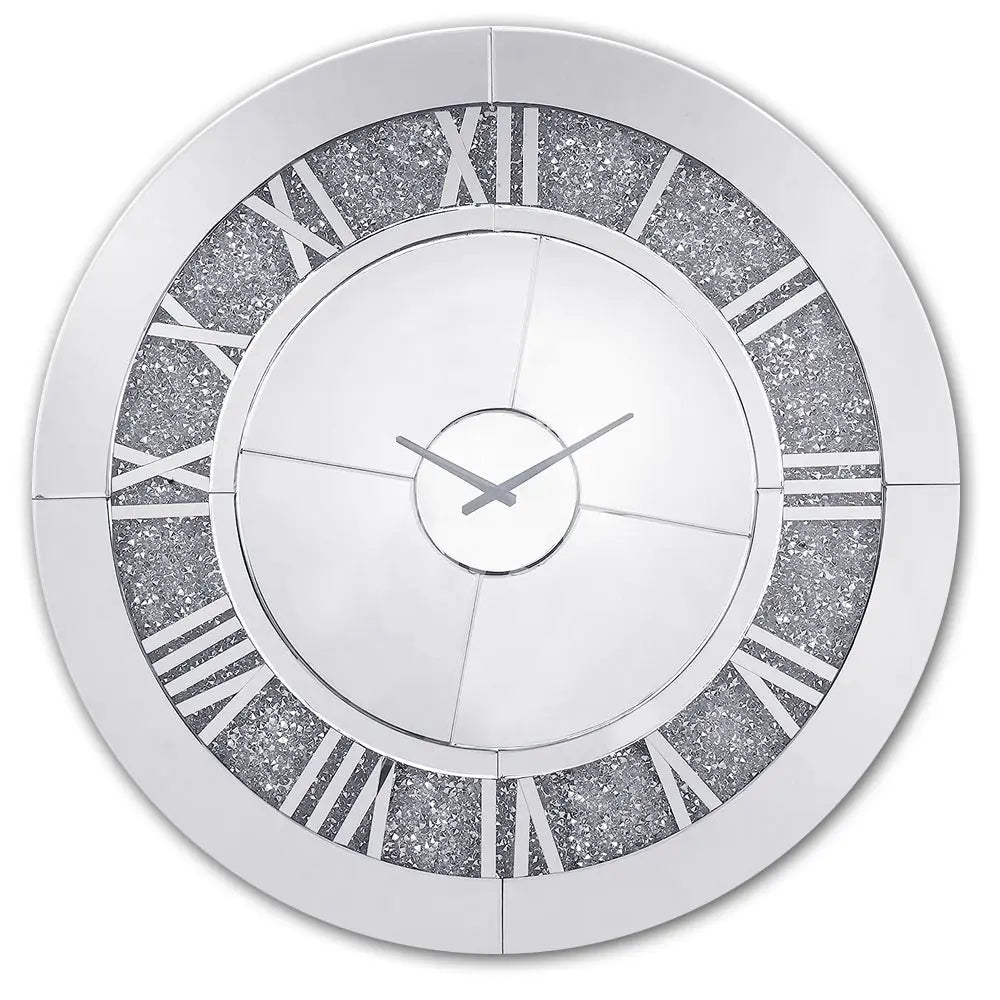 Noralie 39" Round Wall Clock with Mirrored Roman Numerals and Faux Diamond Inlay, Glamorous Mirrored Finish Acme Furniture