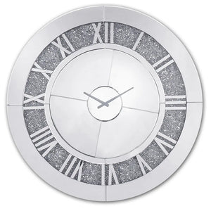 Noralie 39" Round Wall Clock with Mirrored Roman Numerals and Faux Diamond Inlay, Glamorous Mirrored Finish Acme Furniture
