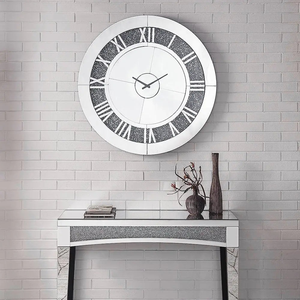 Noralie 39" Round Wall Clock with Mirrored Roman Numerals and Faux Diamond Inlay, Glamorous Mirrored Finish Acme Furniture