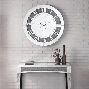 Noralie 39" Round Wall Clock with Mirrored Roman Numerals and Faux Diamond Inlay, Glamorous Mirrored Finish Acme Furniture