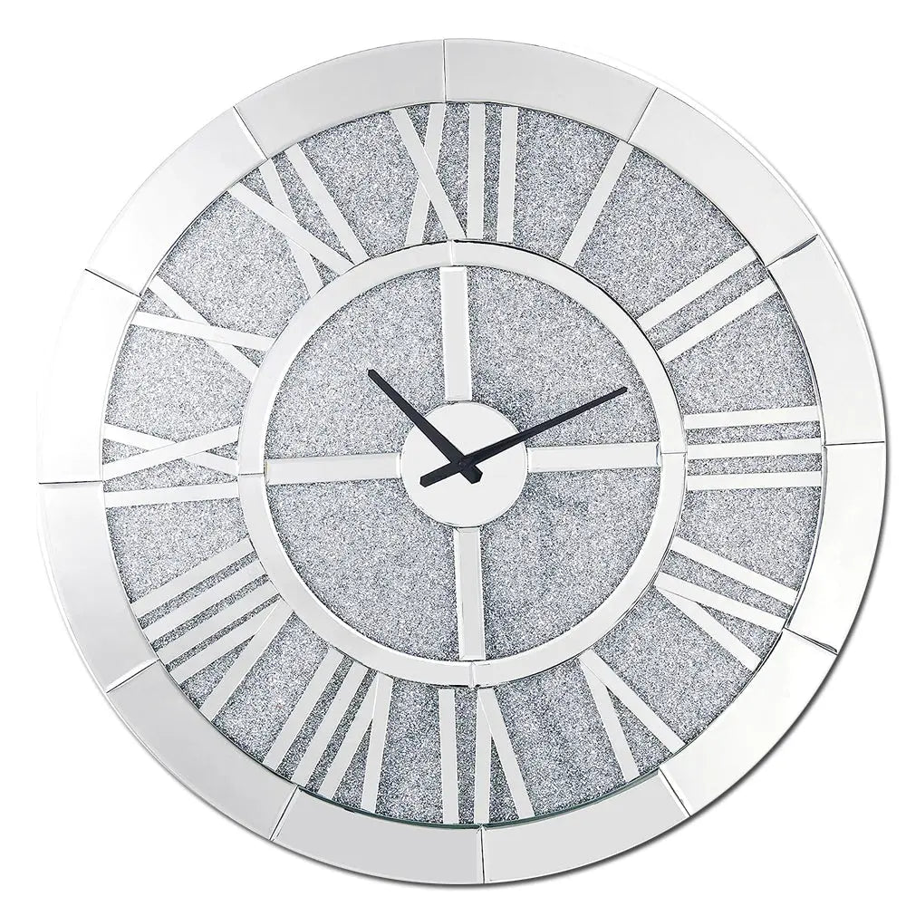 Noralie 31" Round Wall Clock with Mirrored Roman Numerals and Faux Diamond Inlay, Glamorous Mirrored Finish Acme Furniture