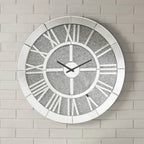 Noralie 31" Round Wall Clock with Mirrored Roman Numerals and Faux Diamond Inlay, Glamorous Mirrored Finish Acme Furniture