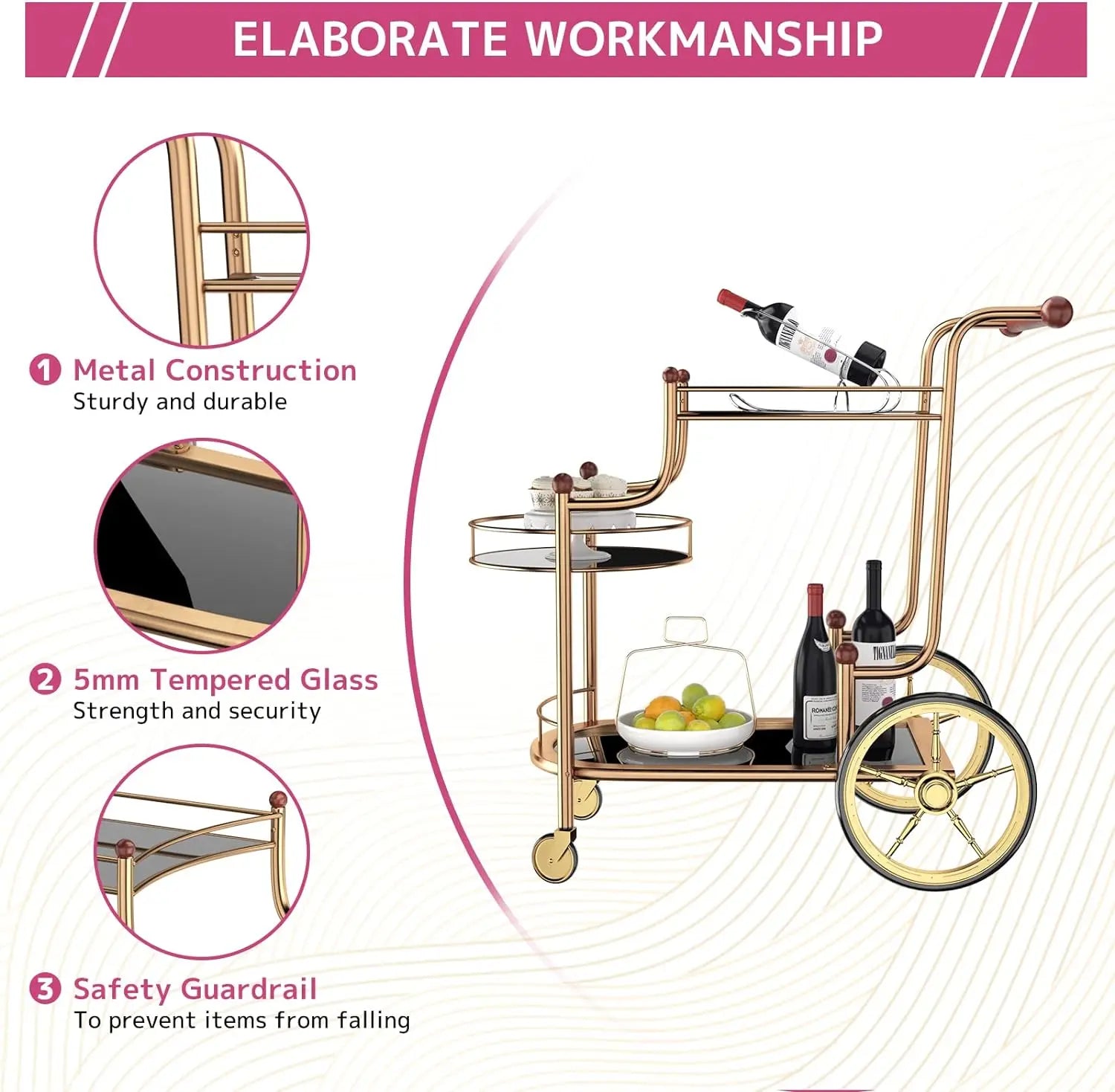 Gold Bar Cart with Wheels 3-Tier Metal Serving Cart with Tempered Glass Shelves for Home, Kitchen, or Living Room Acme Furniture