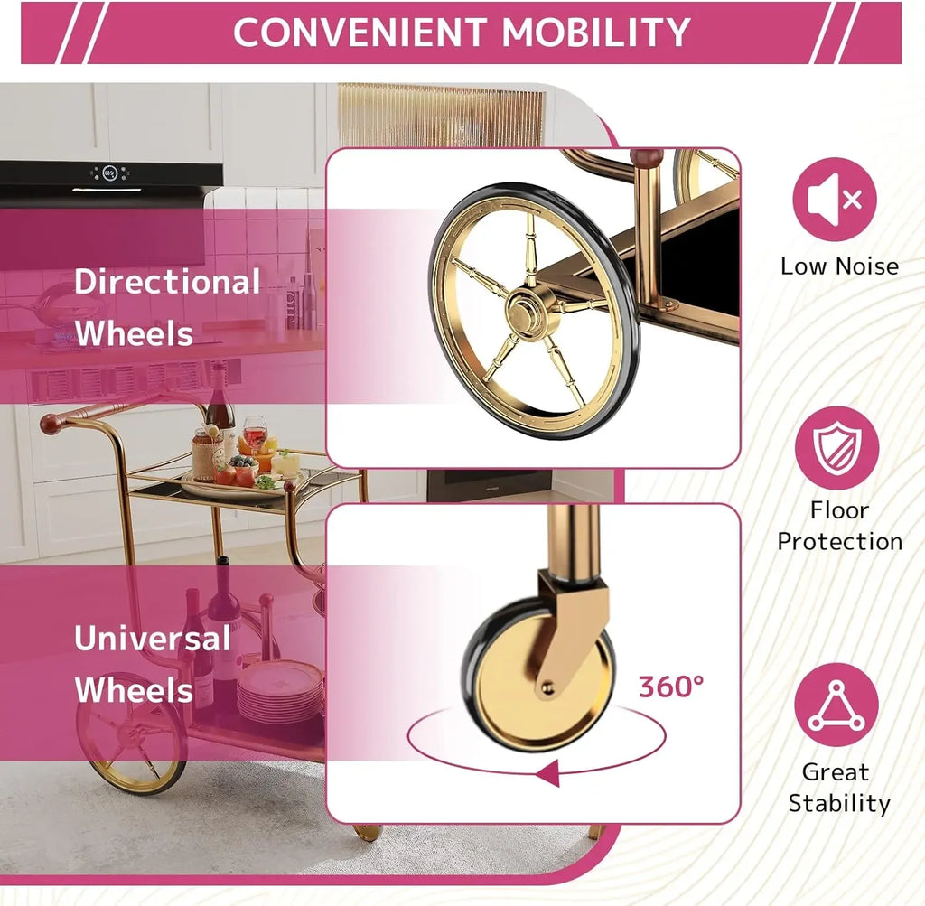 Gold Bar Cart with Wheels 3-Tier Metal Serving Cart with Tempered Glass Shelves for Home, Kitchen, or Living Room Acme Furniture
