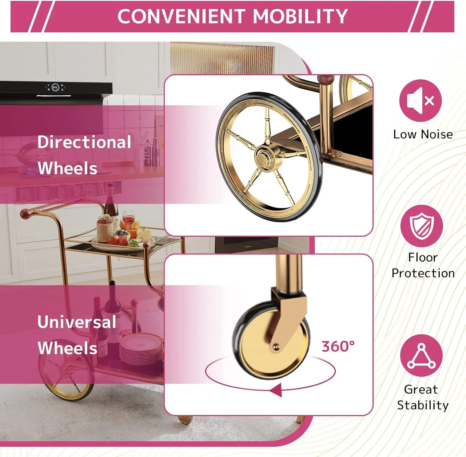 Gold Bar Cart with Wheels 3-Tier Metal Serving Cart with Tempered Glass Shelves for Home, Kitchen, or Living Room Acme Furniture