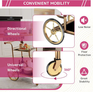 Gold Bar Cart with Wheels 3-Tier Metal Serving Cart with Tempered Glass Shelves for Home, Kitchen, or Living Room Acme Furniture