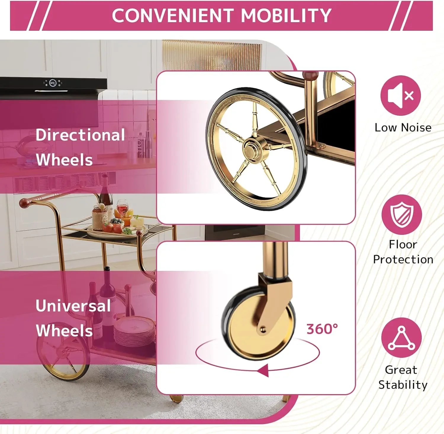 Gold Bar Cart with Wheels 3-Tier Metal Serving Cart with Tempered Glass Shelves for Home, Kitchen, or Living Room Acme Furniture