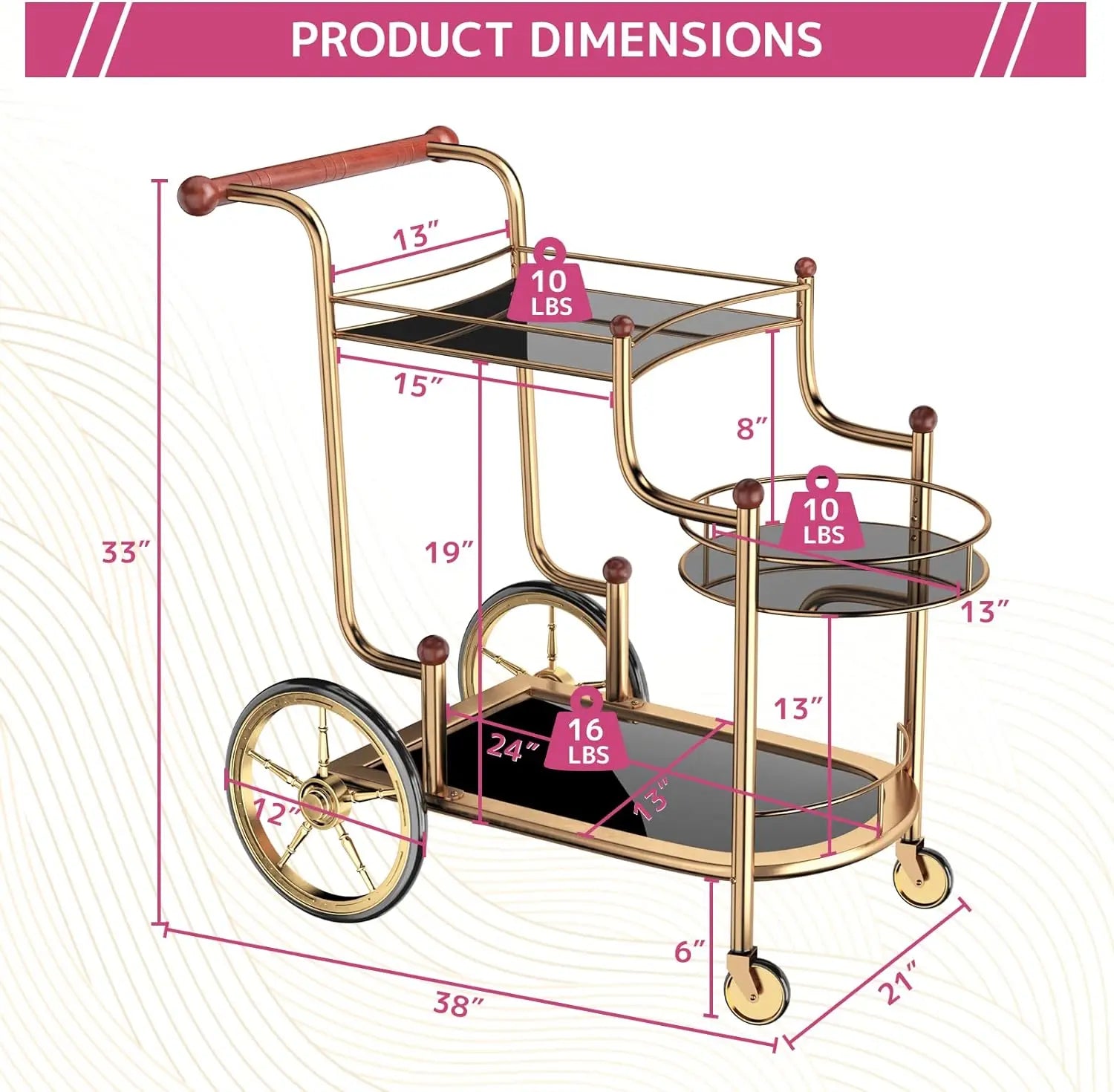 Gold Bar Cart with Wheels 3-Tier Metal Serving Cart with Tempered Glass Shelves for Home, Kitchen, or Living Room Acme Furniture