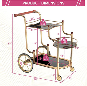 Gold Bar Cart with Wheels 3-Tier Metal Serving Cart with Tempered Glass Shelves for Home, Kitchen, or Living Room Acme Furniture