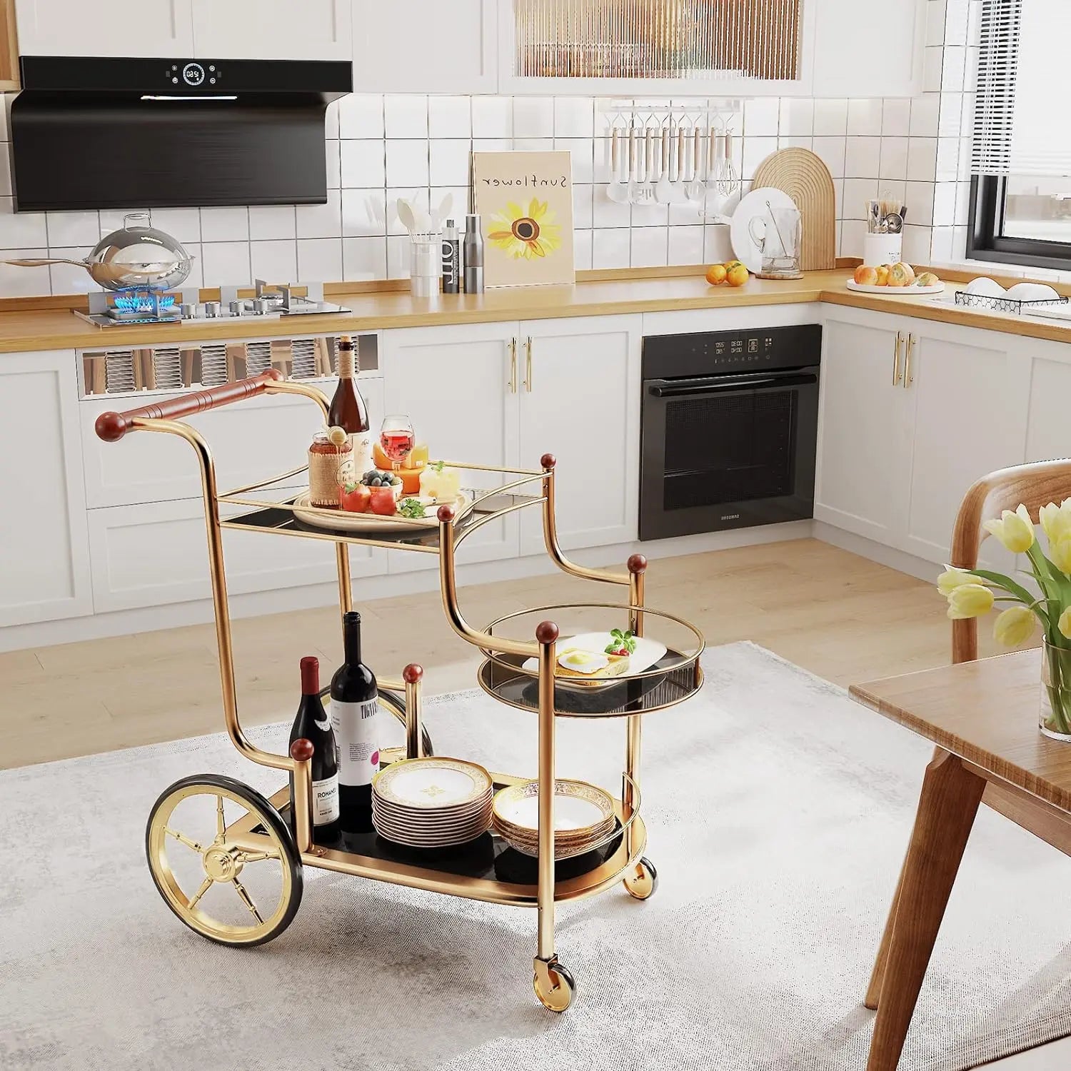 Gold Bar Cart with Wheels 3-Tier Metal Serving Cart with Tempered Glass Shelves for Home, Kitchen, or Living Room Acme Furniture