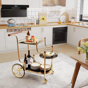 Gold Bar Cart with Wheels 3-Tier Metal Serving Cart with Tempered Glass Shelves for Home, Kitchen, or Living Room Acme Furniture