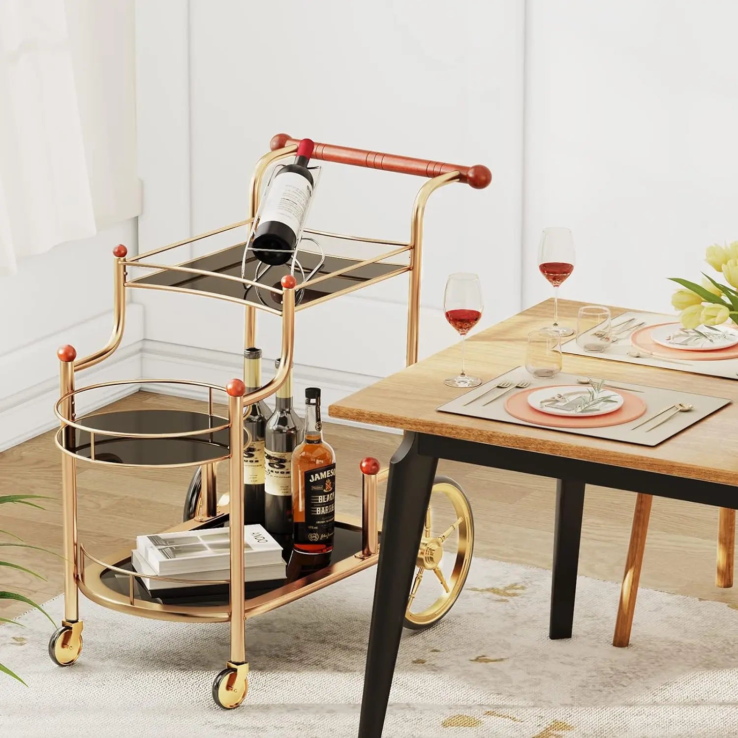 Gold Bar Cart with Wheels 3-Tier Metal Serving Cart with Tempered Glass Shelves for Home, Kitchen, or Living Room Acme Furniture