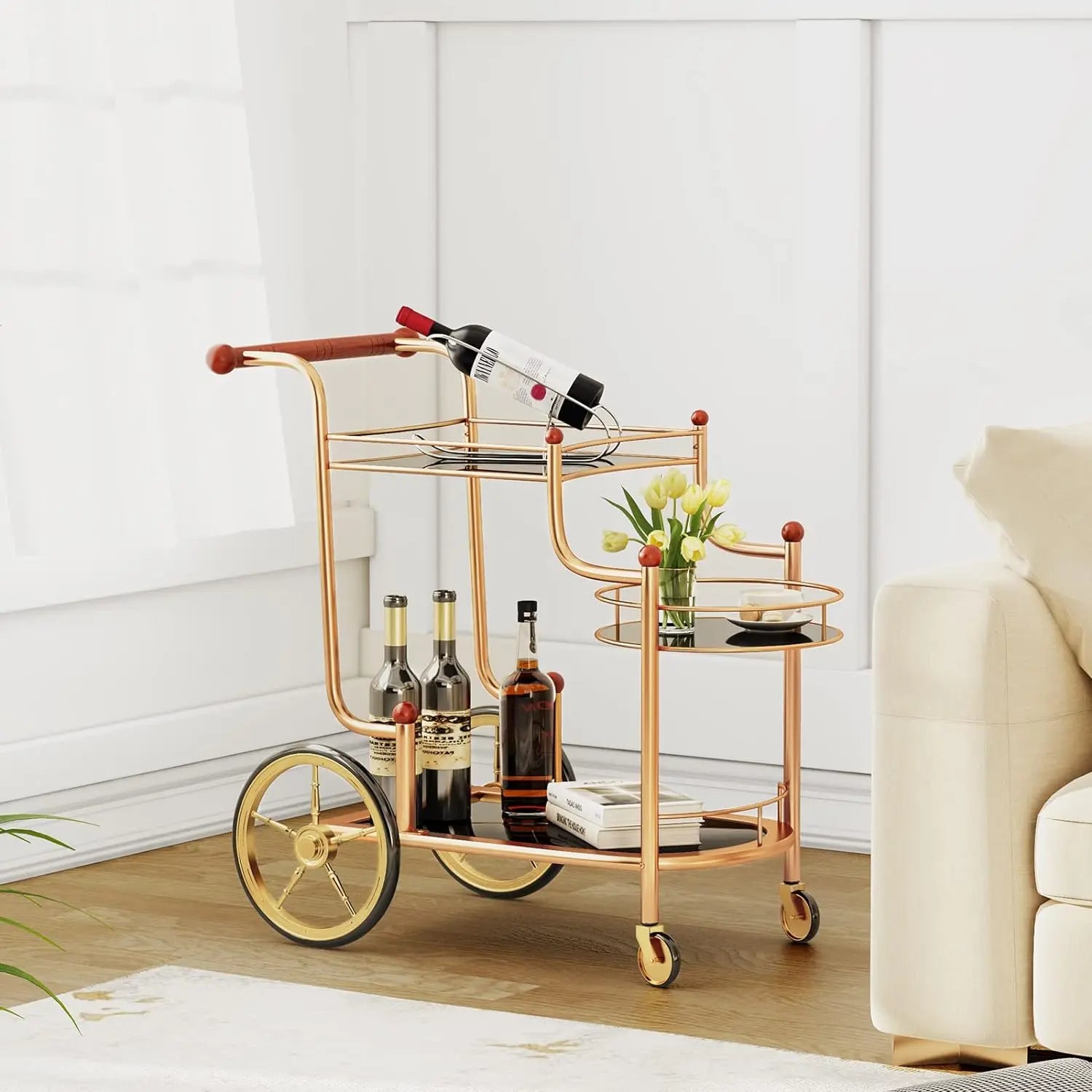 Gold Bar Cart with Wheels 3-Tier Metal Serving Cart with Tempered Glass Shelves for Home, Kitchen, or Living Room Acme Furniture