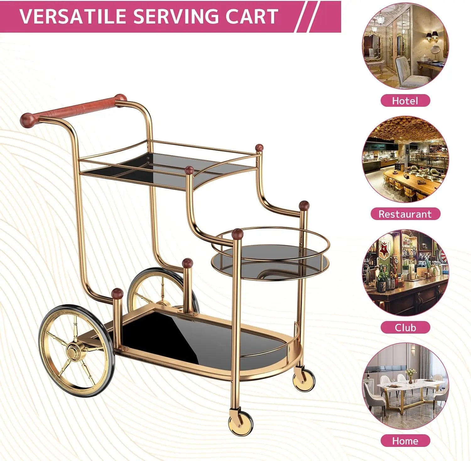 Gold Bar Cart with Wheels 3-Tier Metal Serving Cart with Tempered Glass Shelves for Home, Kitchen, or Living Room Acme Furniture