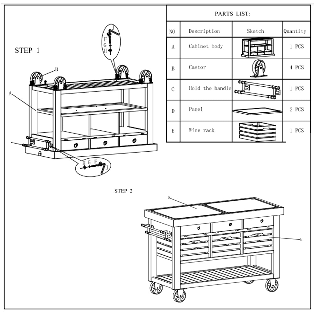 Kaif 3-Drawer Wooden Kitchen Cart with 3 Baskets in Distress Chestnut