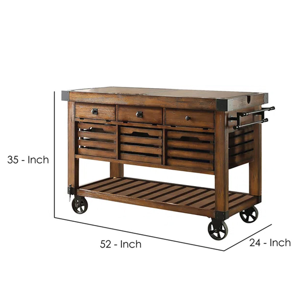 Kaif 3-Drawer Wooden Kitchen Cart with 3 Baskets in Distress Chestnut