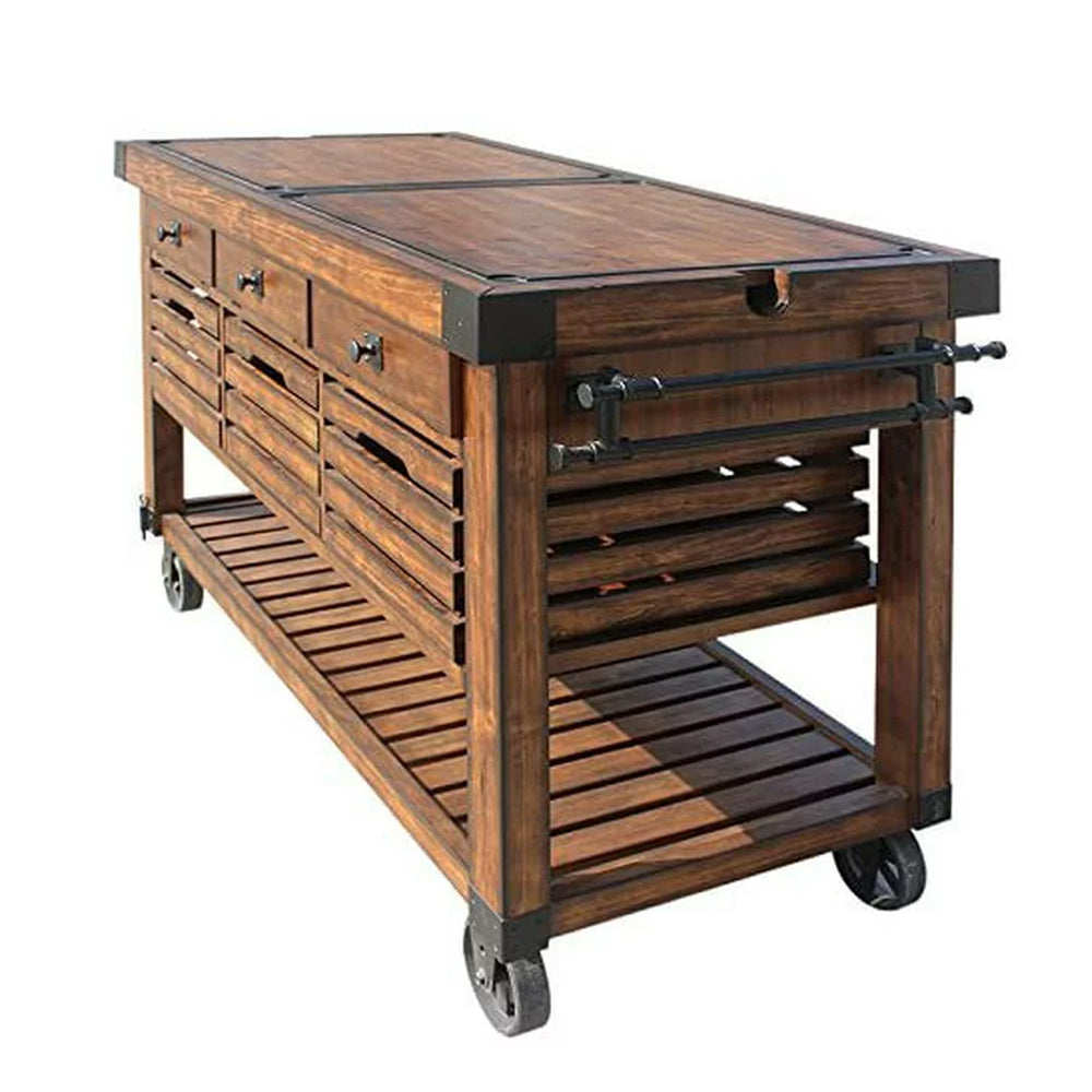 Kaif 3-Drawer Wooden Kitchen Cart with 3 Baskets in Distress Chestnut