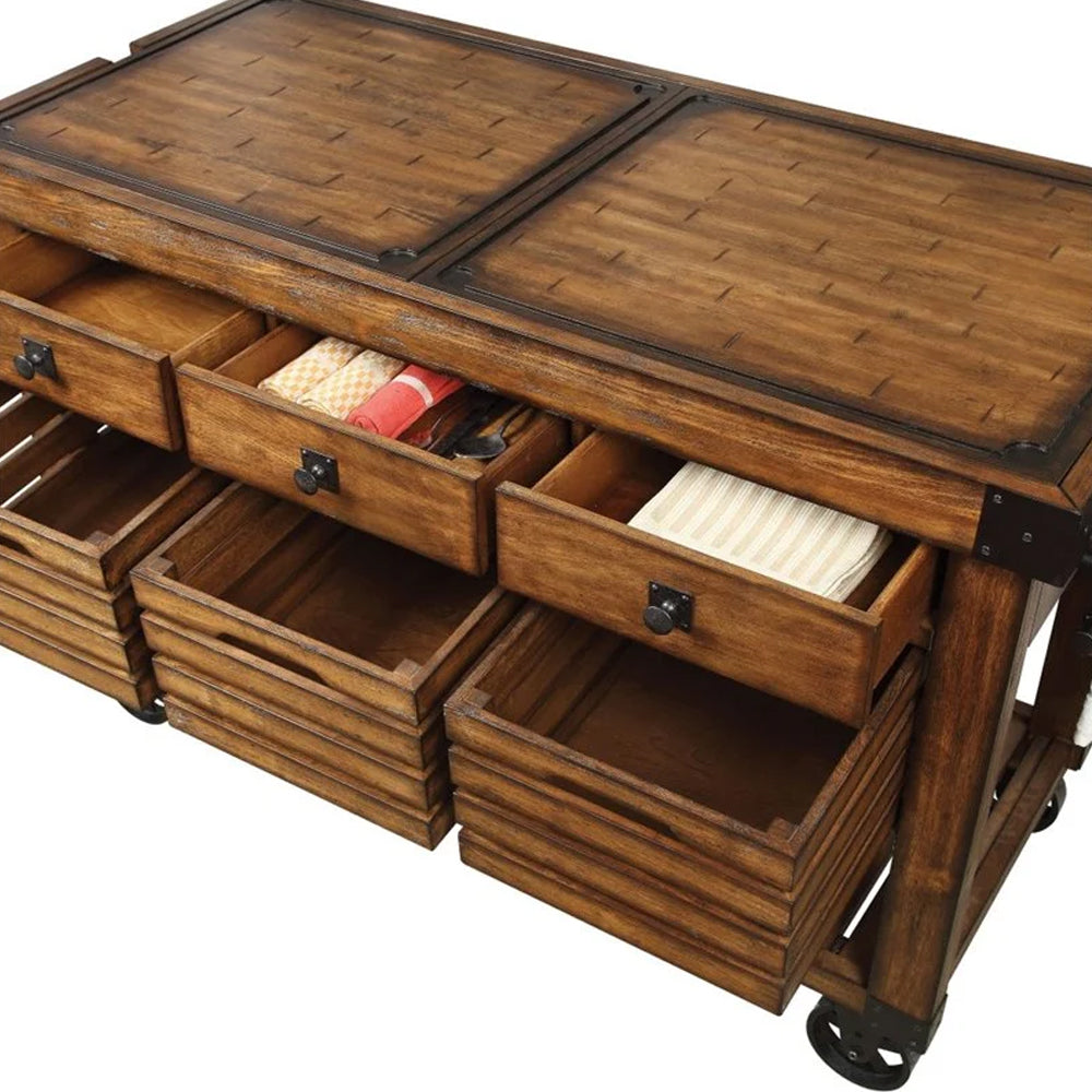 Kaif 3-Drawer Wooden Kitchen Cart with 3 Baskets in Distress Chestnut