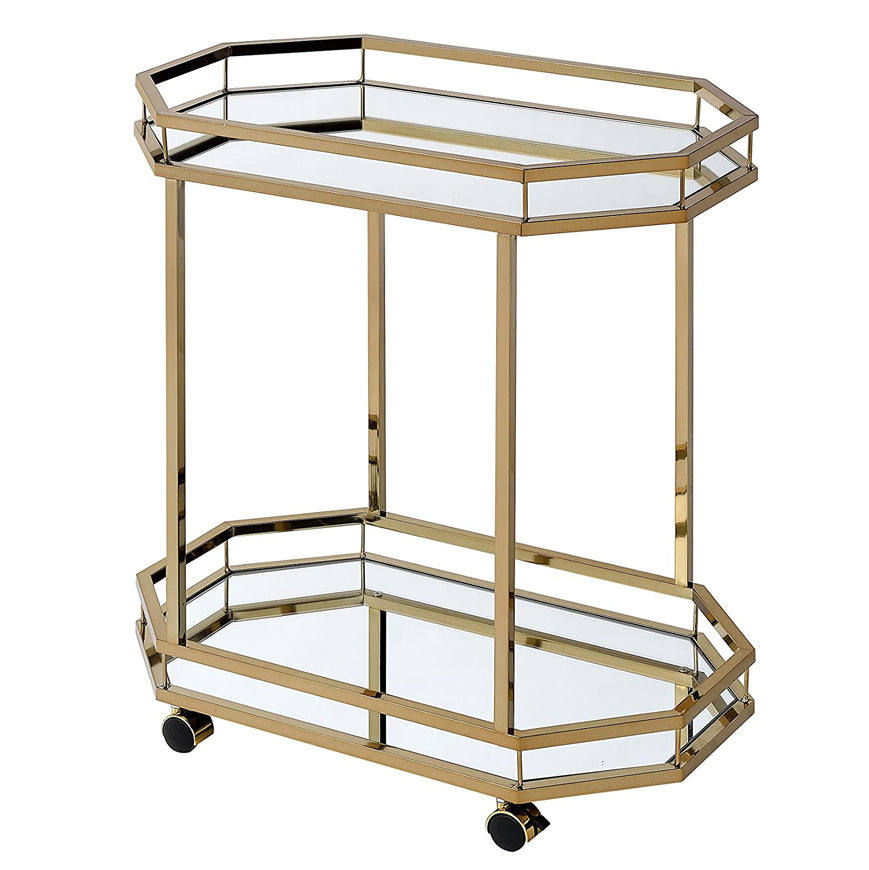 Lacole Metal Frame Serving Cart with Bottom Shelf in Gold and Mirrored