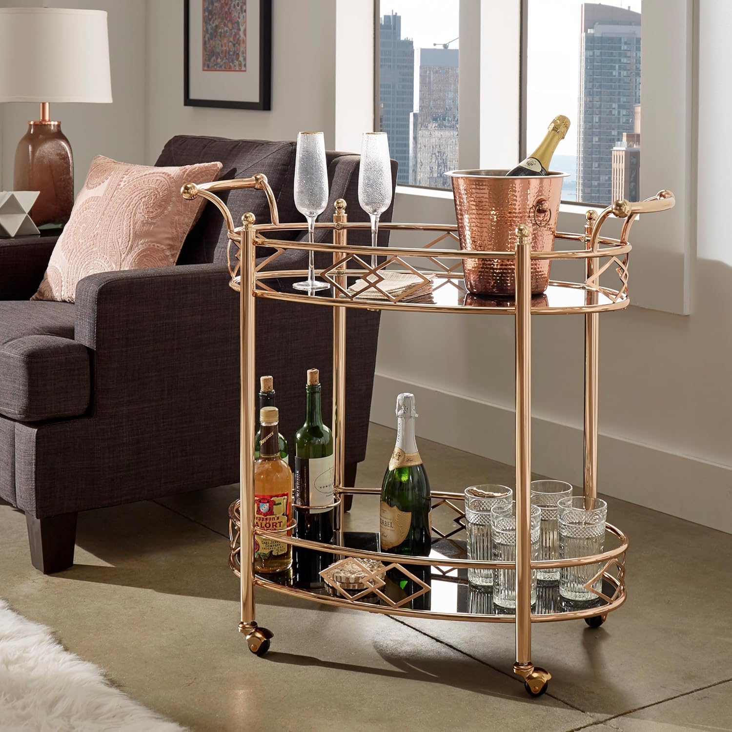 Ottesen Oval Glass Top Serving Cart with 2 Shelves in Gold