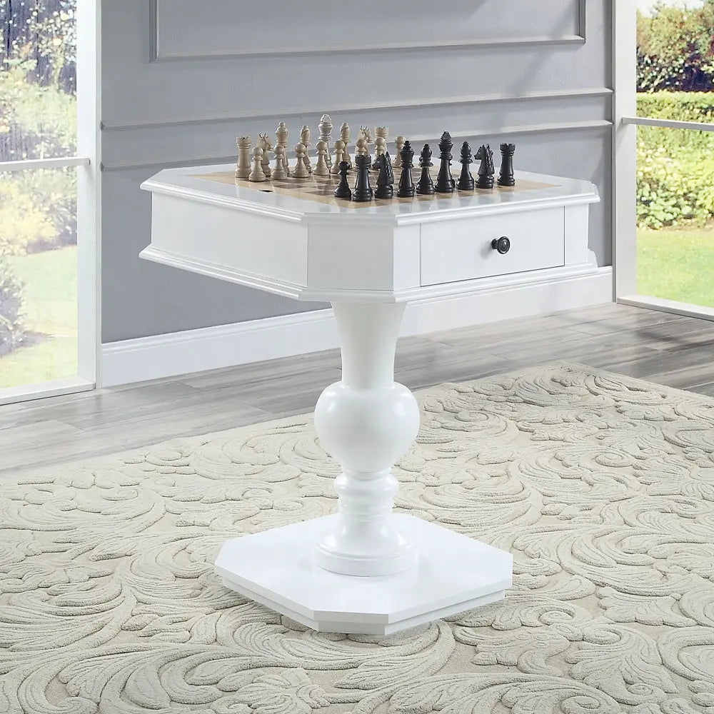 Bishop Game Table in White Finish with 3-in-1 Reversible Game Tray and Pedestal Base Acme Furniture