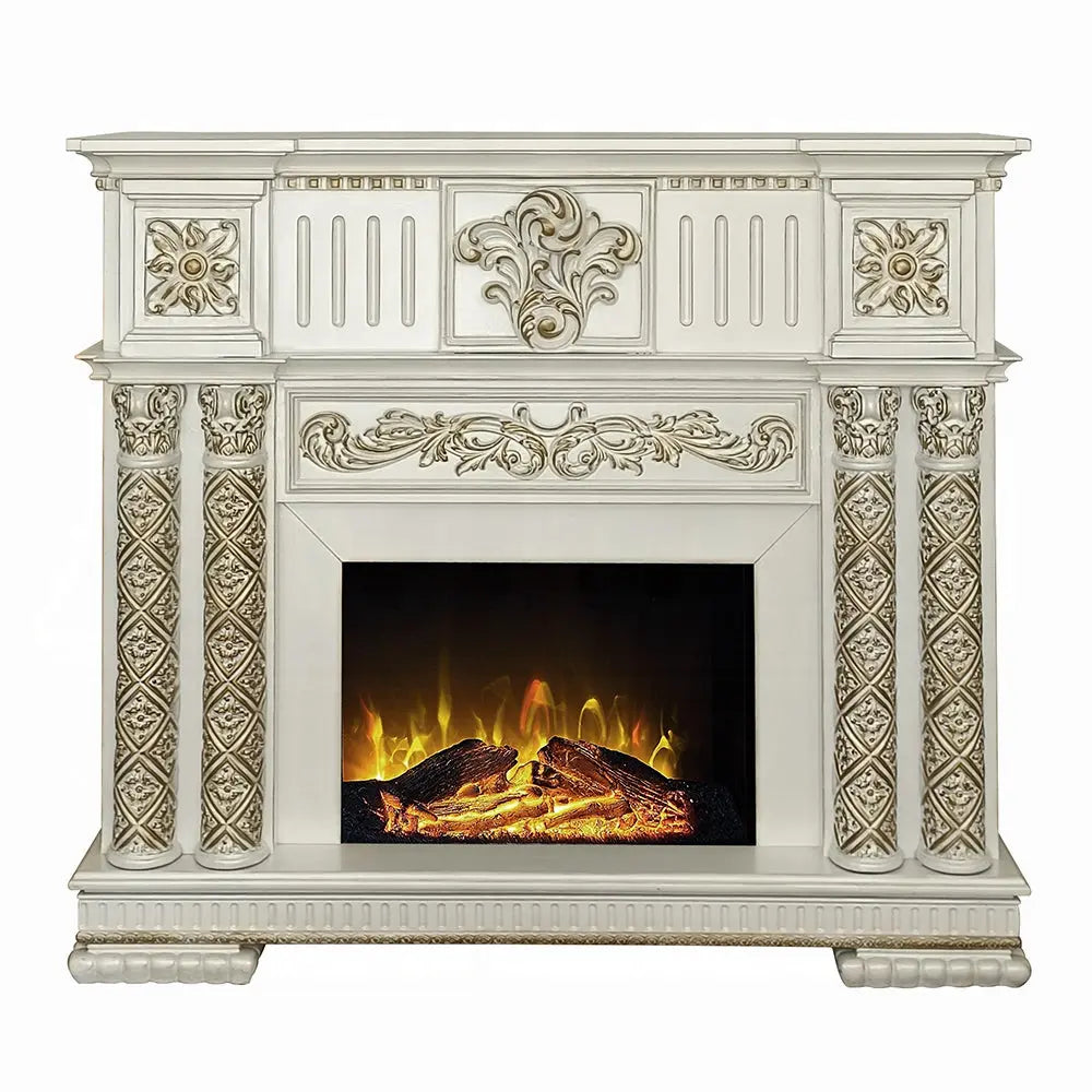 Baroque Bone White Electric Fireplace - 59" with Remote Control and Realistic Flames Acme Furniture