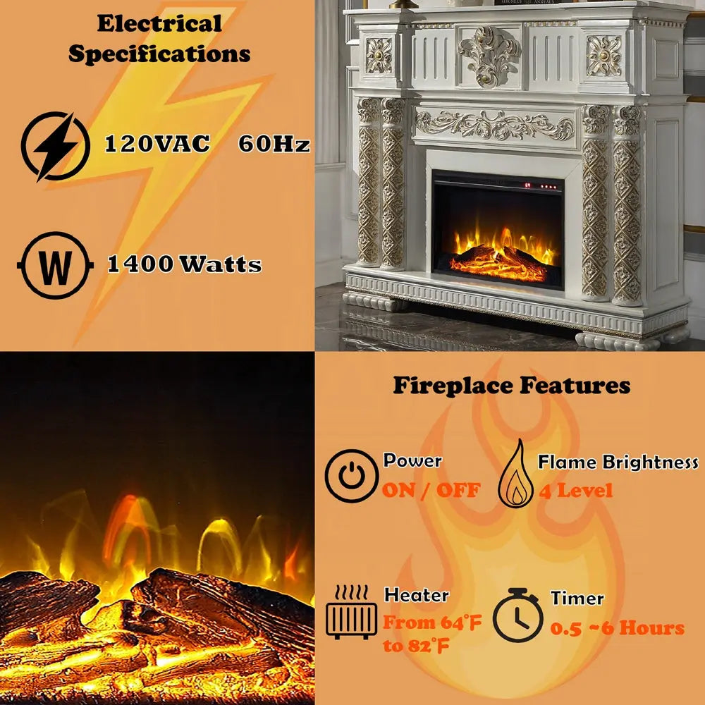 Baroque Bone White Electric Fireplace - 59" with Remote Control and Realistic Flames Acme Furniture