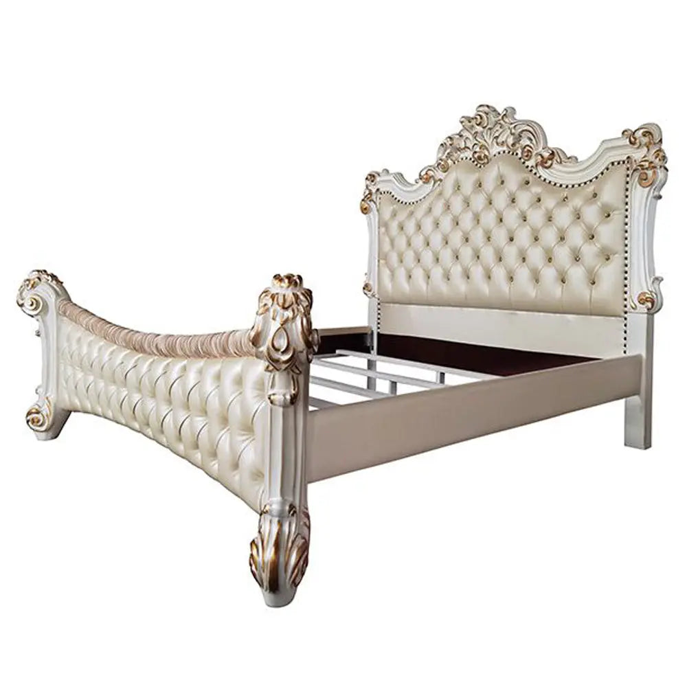Baroque Bone White King Bed - Tufted Synthetic Leather with Scrolled Legs Acme Furniture