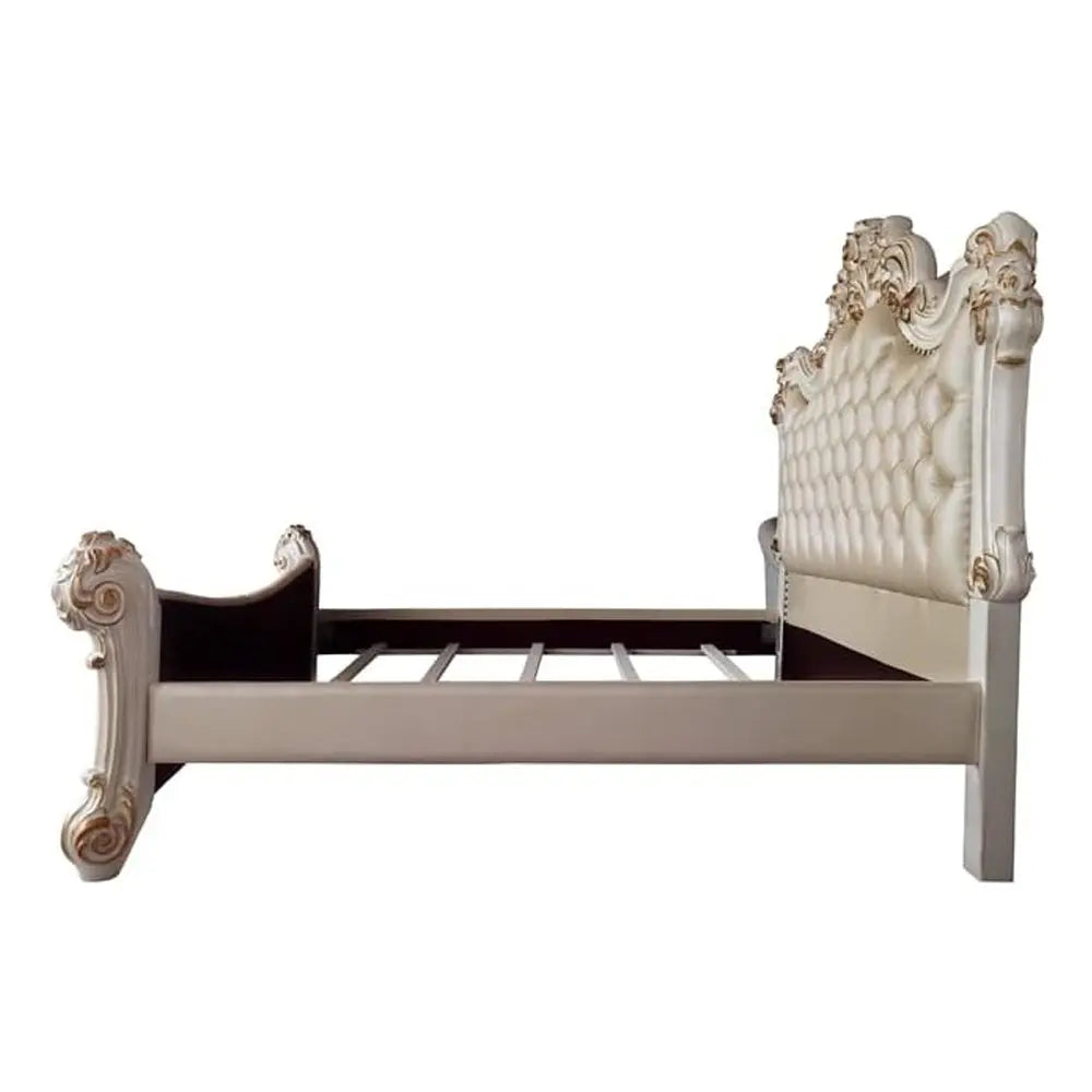 Baroque Bone White King Bed - Tufted Synthetic Leather with Scrolled Legs Acme Furniture