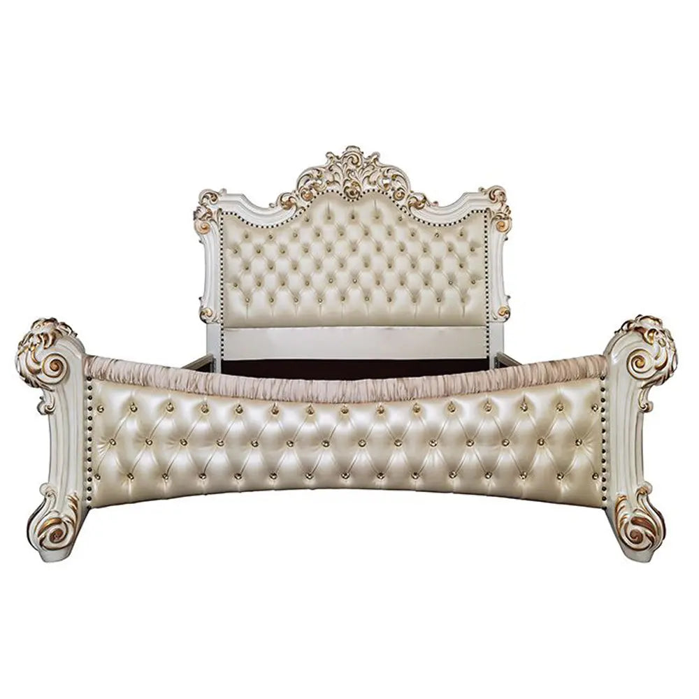 Baroque Bone White King Bed - Tufted Synthetic Leather with Scrolled Legs Acme Furniture