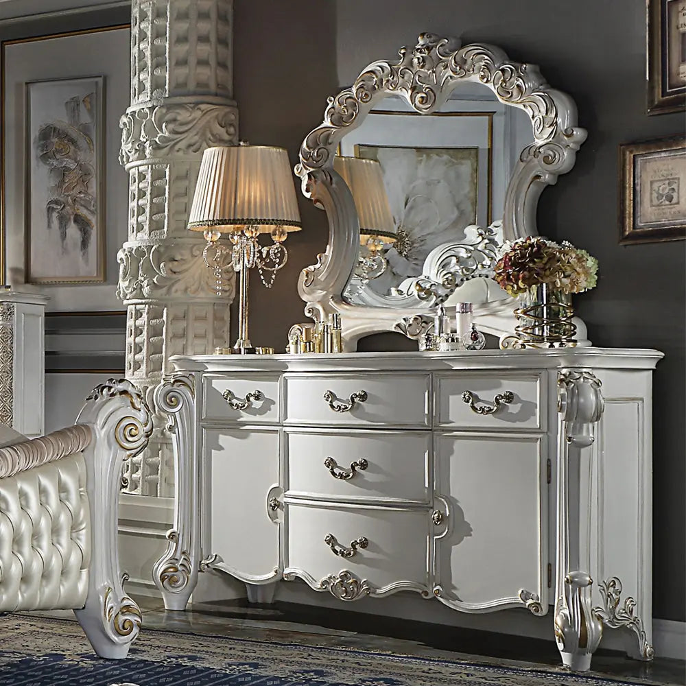 Baroque Bone White Arched Mirror - 47" with Scrolled Molding Trim Acme Furniture