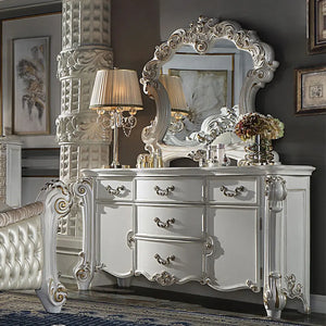 Baroque Bone White Arched Mirror - 47" with Scrolled Molding Trim Acme Furniture