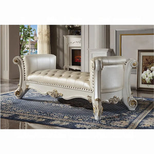 Baroque White Tufted Bench - 74" with Scrolled Legs and Nailhead Trim Acme Furniture