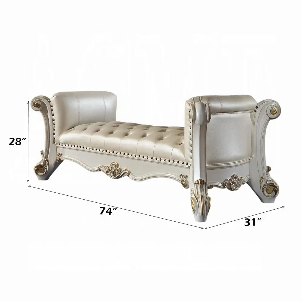 Baroque White Tufted Bench - 74" with Scrolled Legs and Nailhead Trim Acme Furniture
