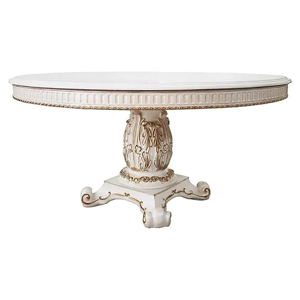 Baroque Bone White Round Dining Table - 60" Single Pedestal Poplar & Aspen Wood Acme Furniture