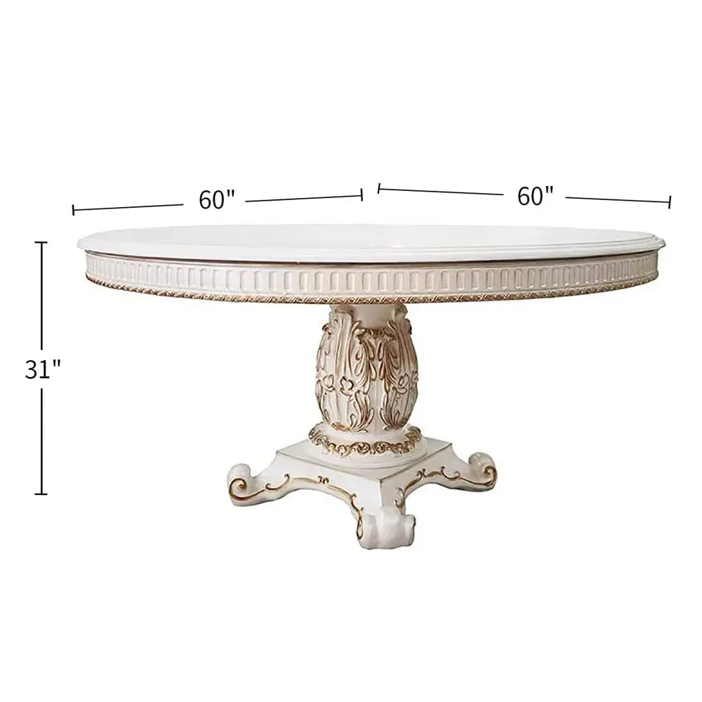 Baroque Bone White Round Dining Table - 60" Single Pedestal Poplar & Aspen Wood Acme Furniture