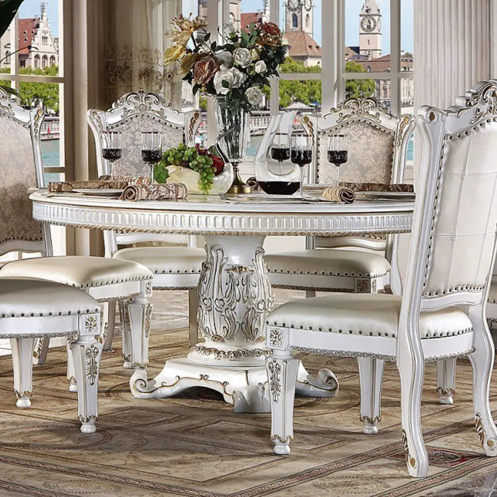 Baroque Bone White Round Dining Table - 60" Single Pedestal Poplar & Aspen Wood Acme Furniture