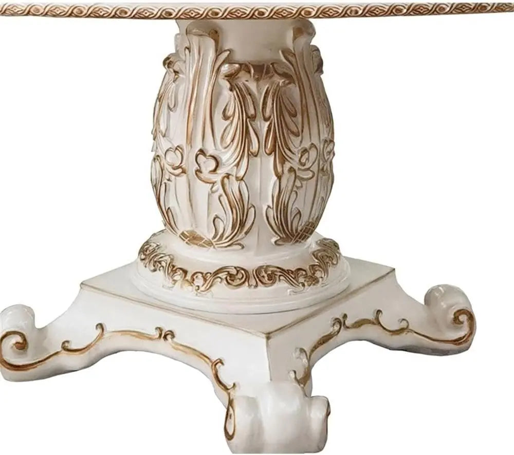 Baroque Bone White Round Dining Table - 60" Single Pedestal Poplar & Aspen Wood Acme Furniture