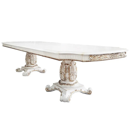 Baroque Bone White Double Pedestal Dining Table - 136" with Extension Leaves Acme Furniture