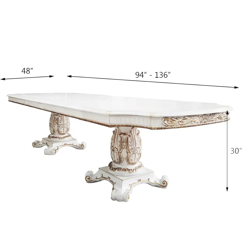 Baroque Bone White Double Pedestal Dining Table - 136" with Extension Leaves Acme Furniture