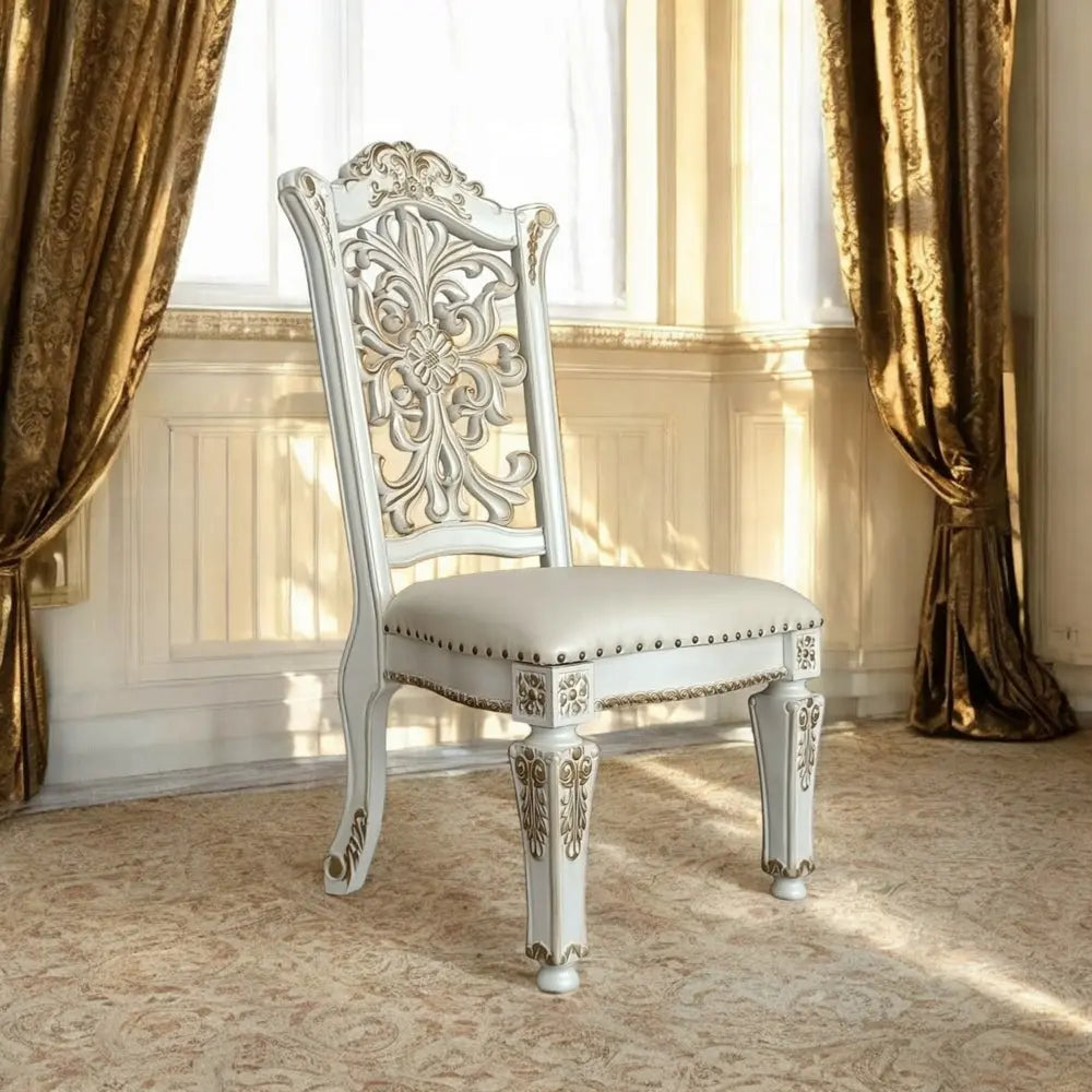 Baroque Bone White Dining Chair - Floral Backrest with Padded Seat and Tapered Legs Acme Furniture
